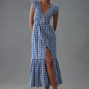 Anthropologie Blue Check Maxi Dress